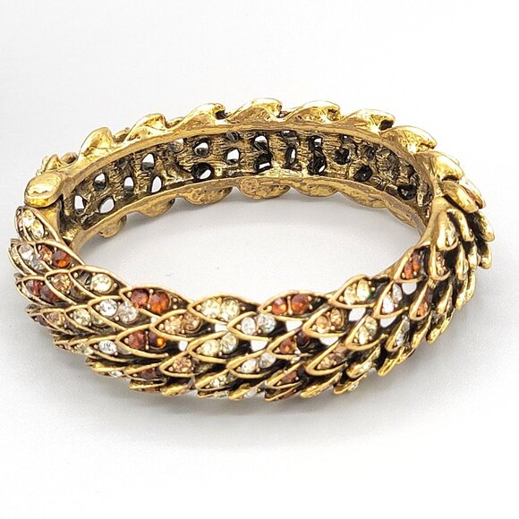 Rhinestone Feather Hinged Bangle Bracelet Clamper Tan White Gold Tone Metal - Picture 4 of 9